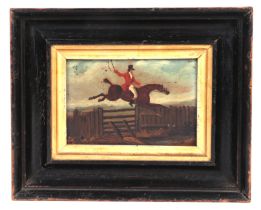 English naive school - A Huntsman in Hunting Pink Jumping a Gate on his Hunter - oil on copper, 12
