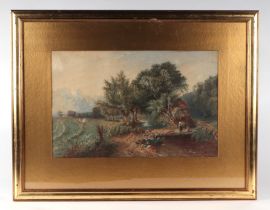 Victorian school - Partial Landscape with Figures Rowing up Hay and Figures on a Bridge -