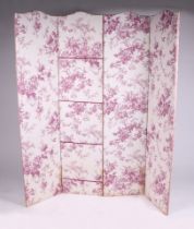 A four-fold screen upholstered in 18th century style fabric, overall 160cms by 168cms high.
