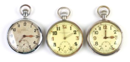 A group of three Military issue open faced pocket watches (3). Condition Report One is not