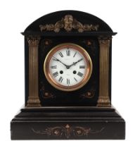 A Victorian black slate mantle clock, the white dial with Roman numerals, signed 'Maple, Paris',