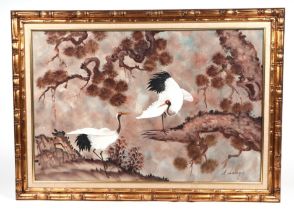 A Maley - Japanese style study of two cranes amongst foliage, signed lower right, oil on canvas,