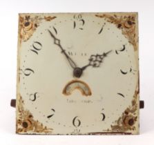 A longcase clock movement, the square painted dial with Arabic numerals and date aperture,