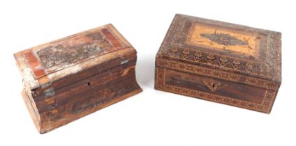 A 19th century Tunbridgeware box, 26cms wide; together with a similar Tunbridgeware two-division tea