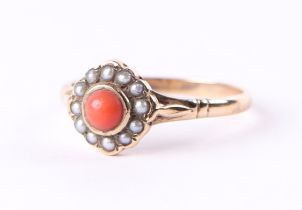 A 9ct gold pearl and coral cluster ring, approx UK size 'P', 2g.
