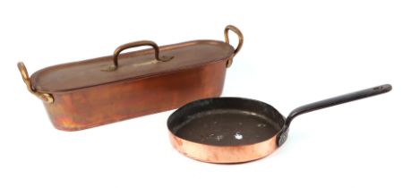 A copper plated two-handled fish kettle, 56cms wide; together with a 19th century copper pan,