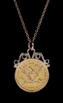 An American gold five dollar coin, 1893, mounted as a pendant (the mount unmarked), on a 9ct rose