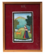 Persian school. A watercolour painting depicting a young woman with a deer, painted on stone, framed