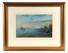 19th century English school - Coastal Scene with Sailing Boats off a Rocky Shoreline - watercolour