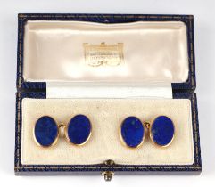 A pair of gentleman's 9ct gold and lapis lazuli cufflinks, 12g, cased.