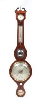 A 19th century mahogany wheel barometer with thermometer, hydrometer and level, the main silvered
