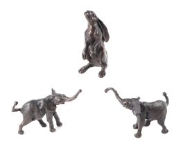 A Jonathan Sanders bronze sculpture depicting a hare, 9cms high; together with two bronze