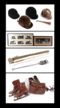 A quantity of assorted hunting, shooting and sporting items to include a two-piece split cane