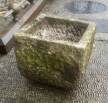 A well weathered stone planter, 30cms square. Condition Report The planter is made of natural