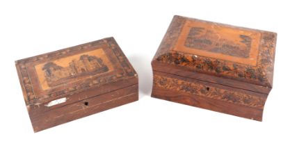 A 19th century Tunbridgeware box of waisted form, the top decorated with a castle, 25cms wide;