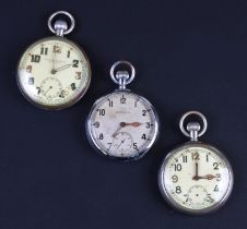 Two silver cased open faced Waltham pocket watches with white enamel dials, subsidiary seconds dials