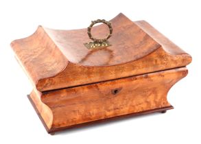 A 19th century French burr wood sewing box with unrestored fitted interior, 22cms wide. Condition