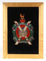 A silk embroidery depicting Scottish Kings Own Borders Regiment colours, 22 b 33cms, framed &