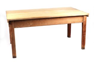 A pine scrub top kitchen table with single end drawer, on square legs, 152cms wide.