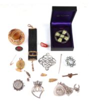 A 9ct gold and silk pocket watch suspension, 7g; together with a 9ct gold bar brooch (broken); a