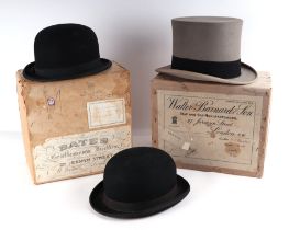 A Walter Barnard & Son, 97 Jermyn Street, grey top hat, boxed; together with a Bates bowler hat,