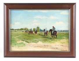 S Todd (modern British) - Exercising Race Horses - oil on artist's board, signed lower right, 34