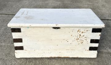 A metal bound painted pine blanket box, 85cms wide.