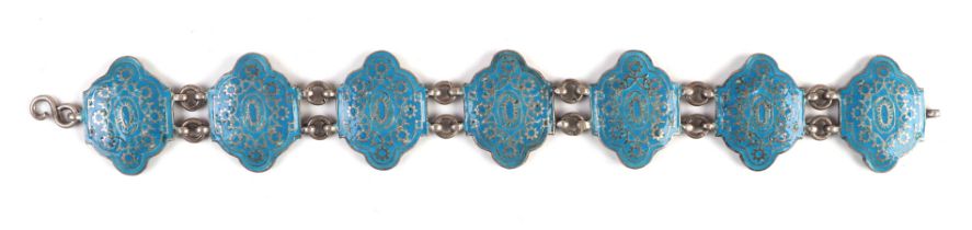 A Persian white metal and enamel panel bracelet.