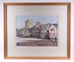 Caroline Ashworth (modern British) - Shaftesbury Town Hall - watercolour, signed lower left, 39 by
