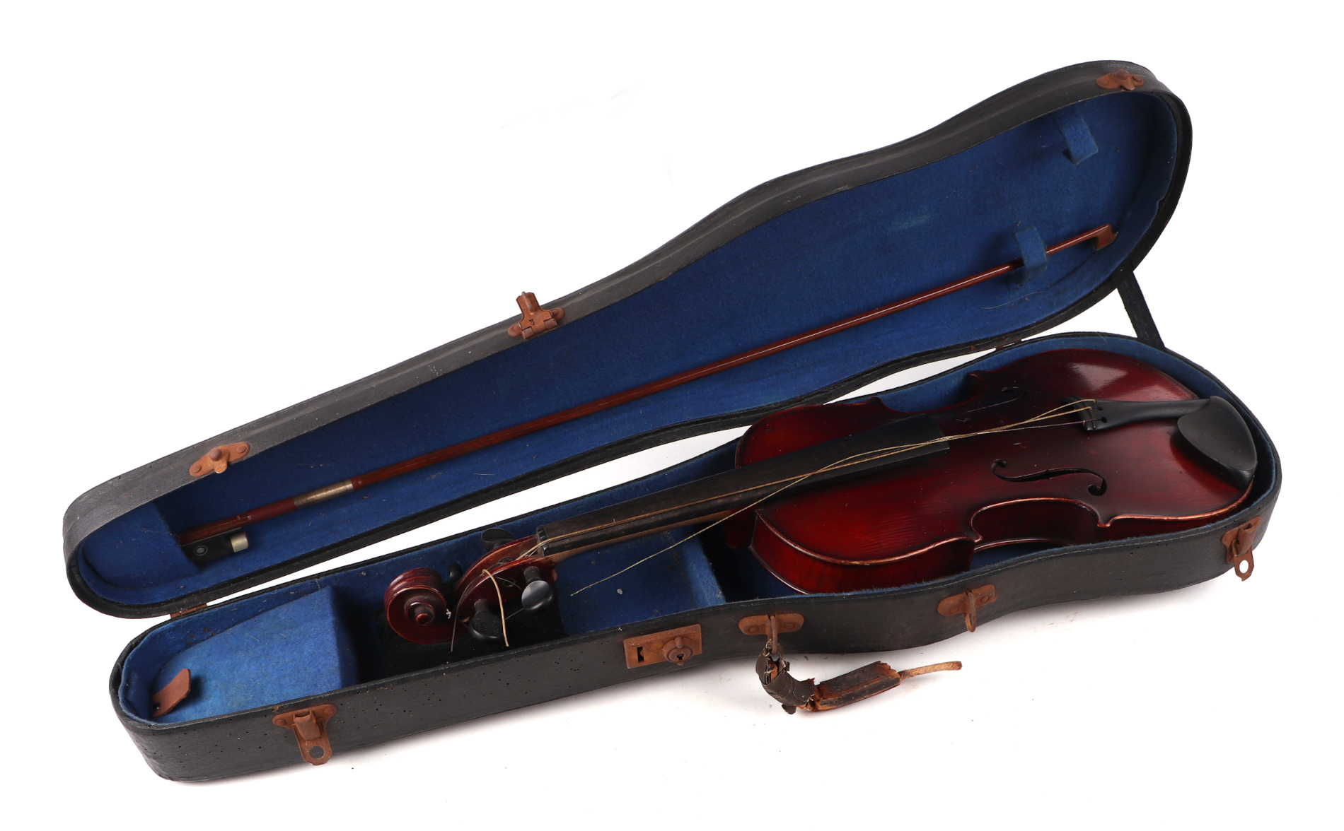 A violin with 14-inch two-piece back, bears label 'Antonius Straduarius', with bow, strings and