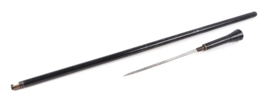 An ebonised swordstick with mother of pearl inlaid pommel, 20cms stiletto blade, 87cms long