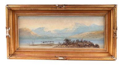 Victorian school - Mountainous Lake Landscape Scene with Fisherman in the Foreground - initialled