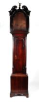 A 19th century stained oak longcase clock case, the hood with a broken swan arch pediment, 216cms