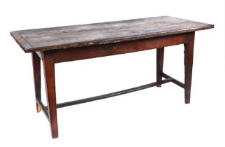 A late 19th century French oak farmhouse kitchen table, the rectangular three-plank top on square