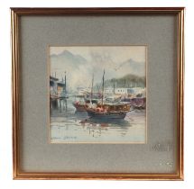 Chi Chung (Chinese school) - Kowloon Harbour Scene - watercolour, signed lower left, 15 by 15cms,