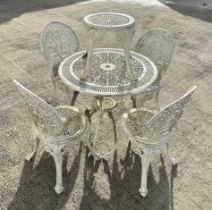 A Coalbrookdale style painted aluminium patio set comprising table, 80cms diameter and four matching