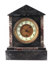 A Victorian black slate mantle clock with marble inlay, the enamelled white chapter ring with Arabic