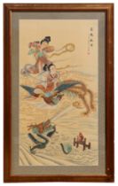 A Chinese painting on textile depicting two robed ladies, a phoenix and dragon, with calligraphy,