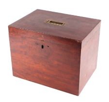 A 19th century mahogany four-division decanter box, 32cms wide. Condition Report no decanters