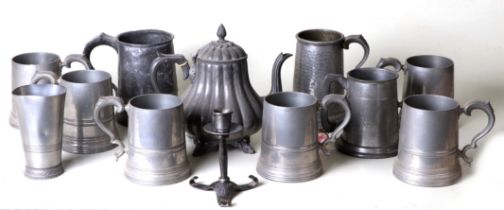 A pewter teapot; together with a quantity of pewter pint tankards.