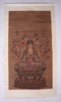 A Chinese watercolour scroll painting depicting a deity seated in the lotus position, 113 by 56cms.