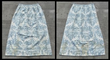 A large pair of blue & cream leaf pattern interlined curtain, 207 by 145cms.