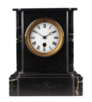 A Victorian black slate mantle clock fitted with a 30-hour movement, 22cms wide.