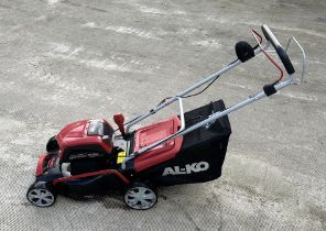 An AL-KO Gardentech 42.9 Li SP battery operated cordless brushless motor mower together with an AL-