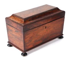 A William IV rosewood sarcophagus two-division tea caddy, 31cms wide. Condition Report The mixing
