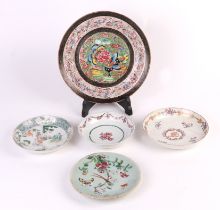 A Chinese famille rose plate decorated with butterflies and birds, 24cms wide; together with three