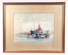 Jacques (continental school) - Fishing Boats in a Harbour - signed lower right, watercolour,