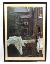 20th century English school - Industrial Backyard Scene with Washing on the Line - oil on artist's