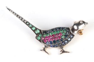 A yellow metal mounted pheasant brooch set with rubies, emeralds, sapphires and diamonds, 4.3g.