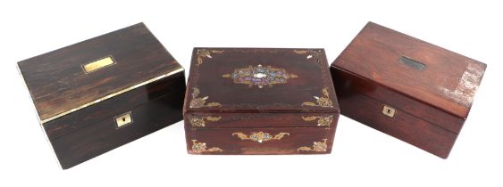 A group of 19th century rosewood sewing boxes (for restoration), each approx 30cms wide (3).